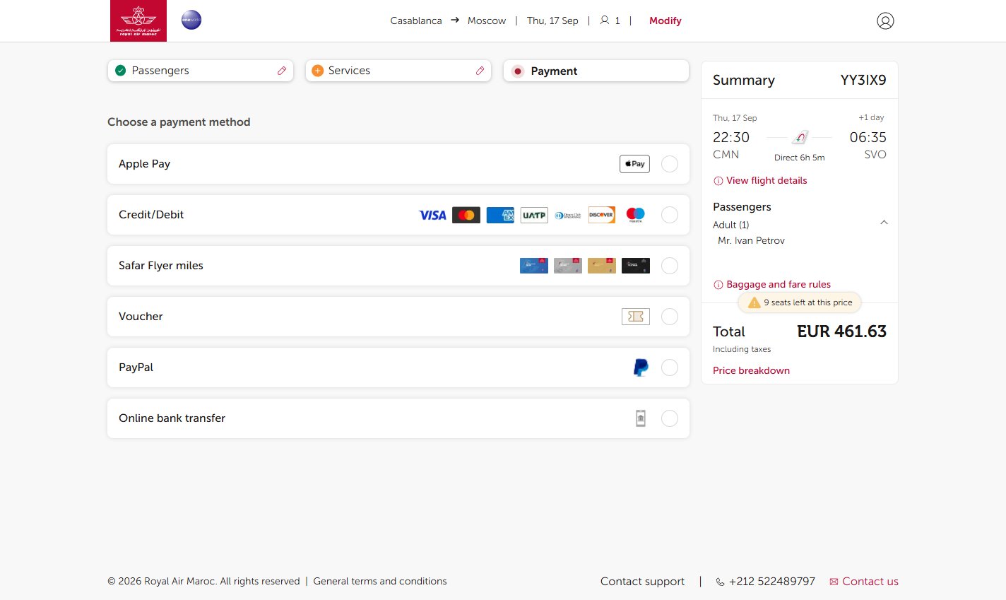 Экран оплаты: выбор способа — Apple Pay, банковская карта (Visa, Mastercard, Amex и др.), мили Safar Flyer, ваучер, PayPal или онлайн-перевод; справа — сводка брони и сумма к оплате