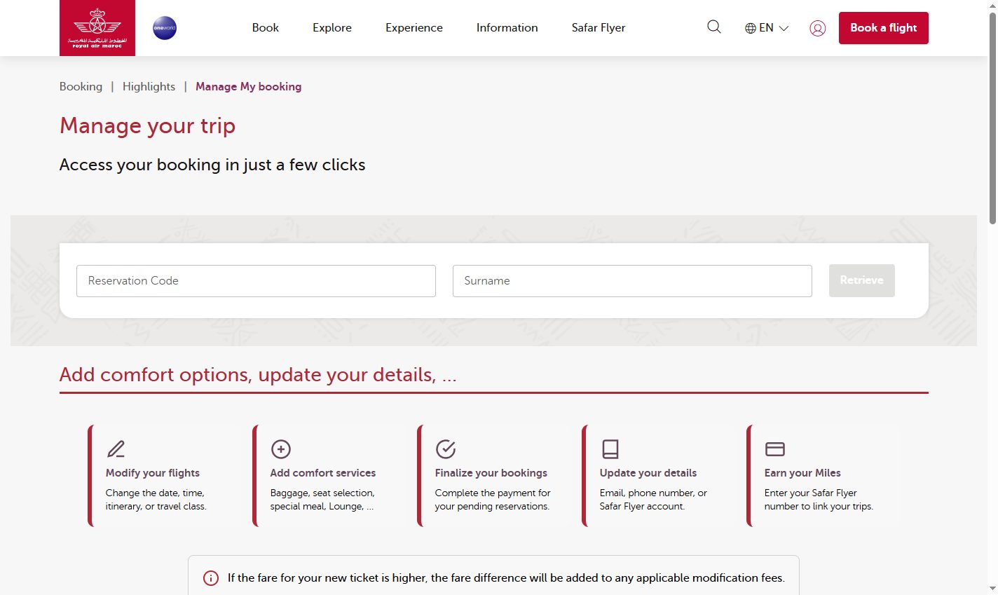 Форма «Manage your trip» на royalairmaroc.com: код бронирования (Reservation Code) и фамилия (Surname) — вход в управление бронированием и онлайн-регистрацию